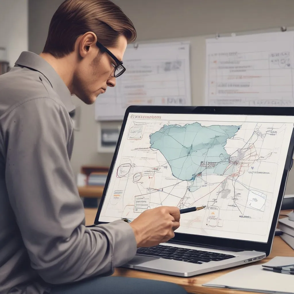 Realistic classroom counselling moment: counsellor showing a student a career roadmap chart with skill clusters (AI, business, design, cybersecurity) on a laptop; warm professional setting