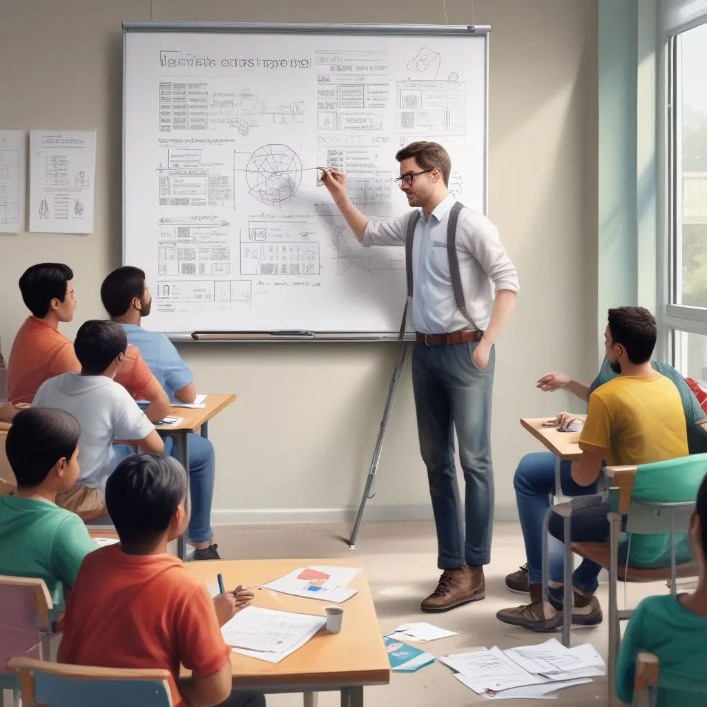 Realistic classroom workshop: career counsellor guiding students with NEP skill credit chart on whiteboard, students taking notes, bright modern Indian campus setting
