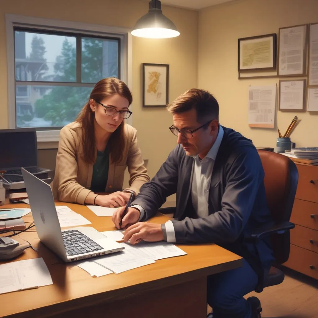Realistic counselling office scene: career counsellor explaining a skill-credit pathway map to a student using a laptop and printed chart; professional, warm lighting