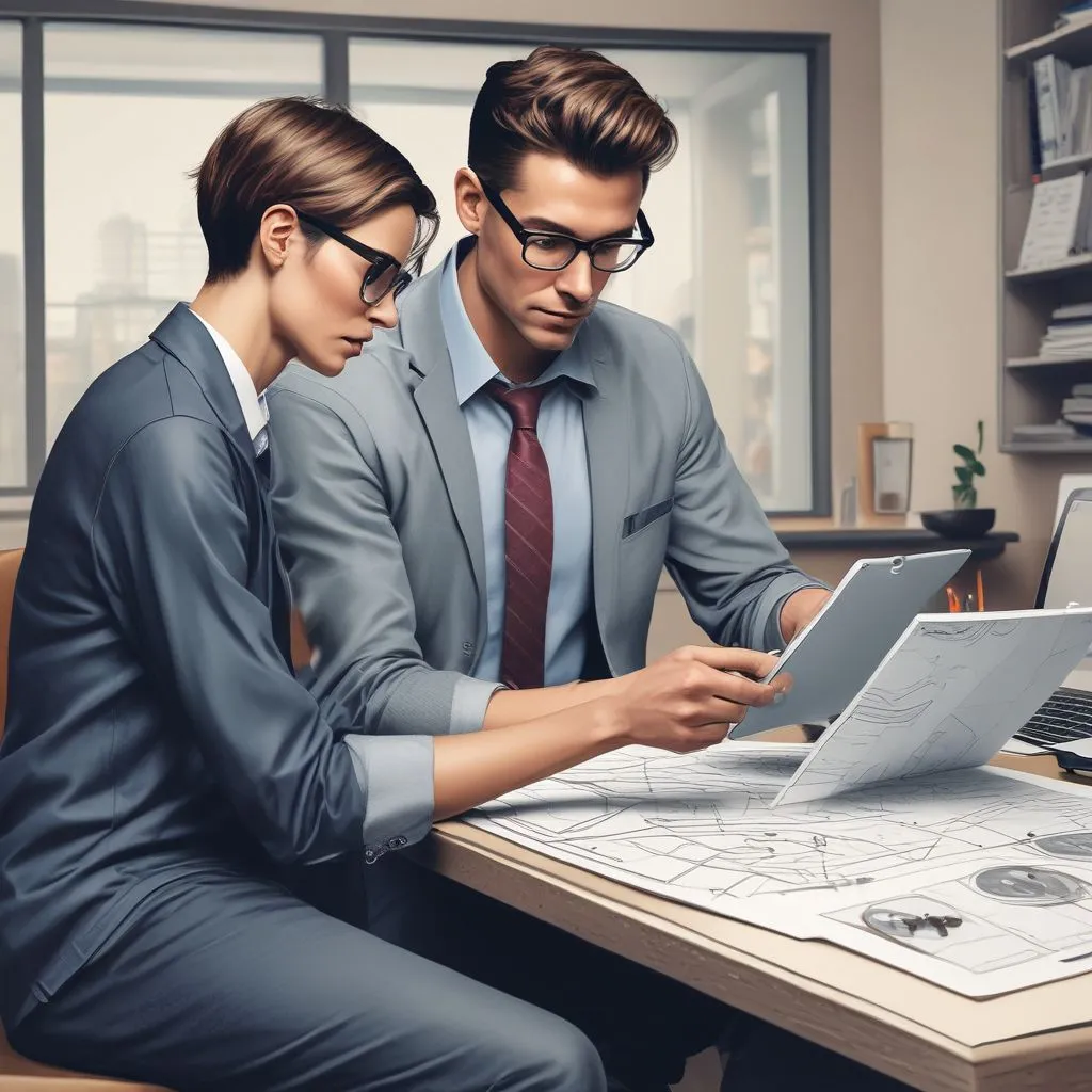 Realistic image of a career counsellor reviewing a skills map with a student, showing icons for data, communication, creativity, and leadership on a tablet, clean office setting