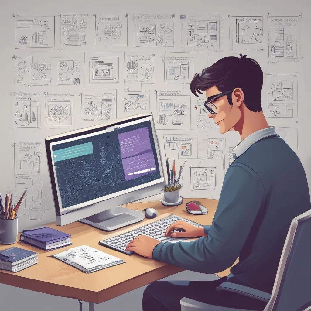 Realistic image of a student building an AI learning roadmap on a notebook with icons for data, design, business, and coding; clean desk setup, minimal style