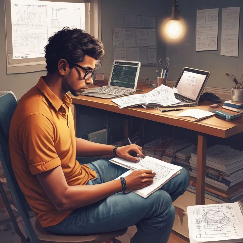 Realistic image of Indian student solving JEE-style physics and math problems on a notebook with a laptop showing mock test analytics dashboard; minimal desk setup, focused lighting
