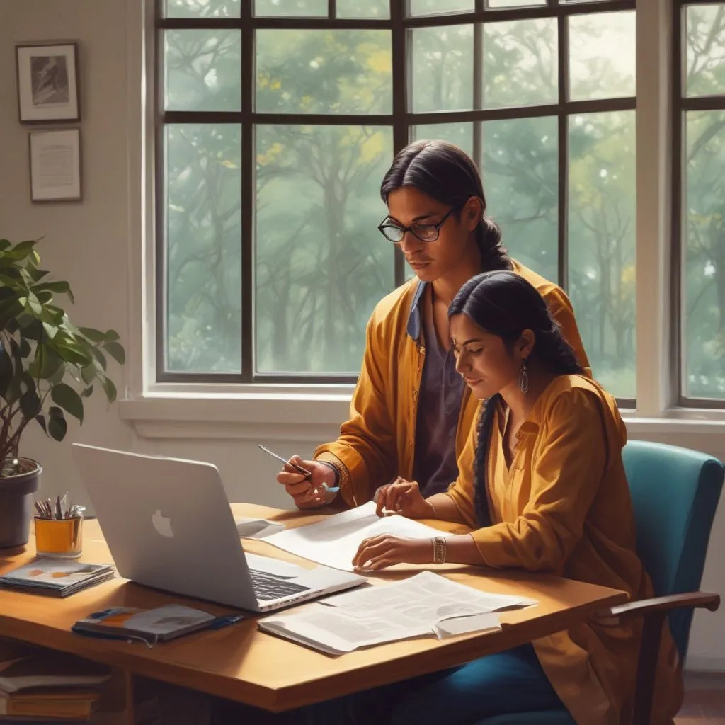 Realistic Indian counselling session: career counsellor reviewing a skill roadmap with a young professional, laptop open with a skills matrix, clean modern office, natural light