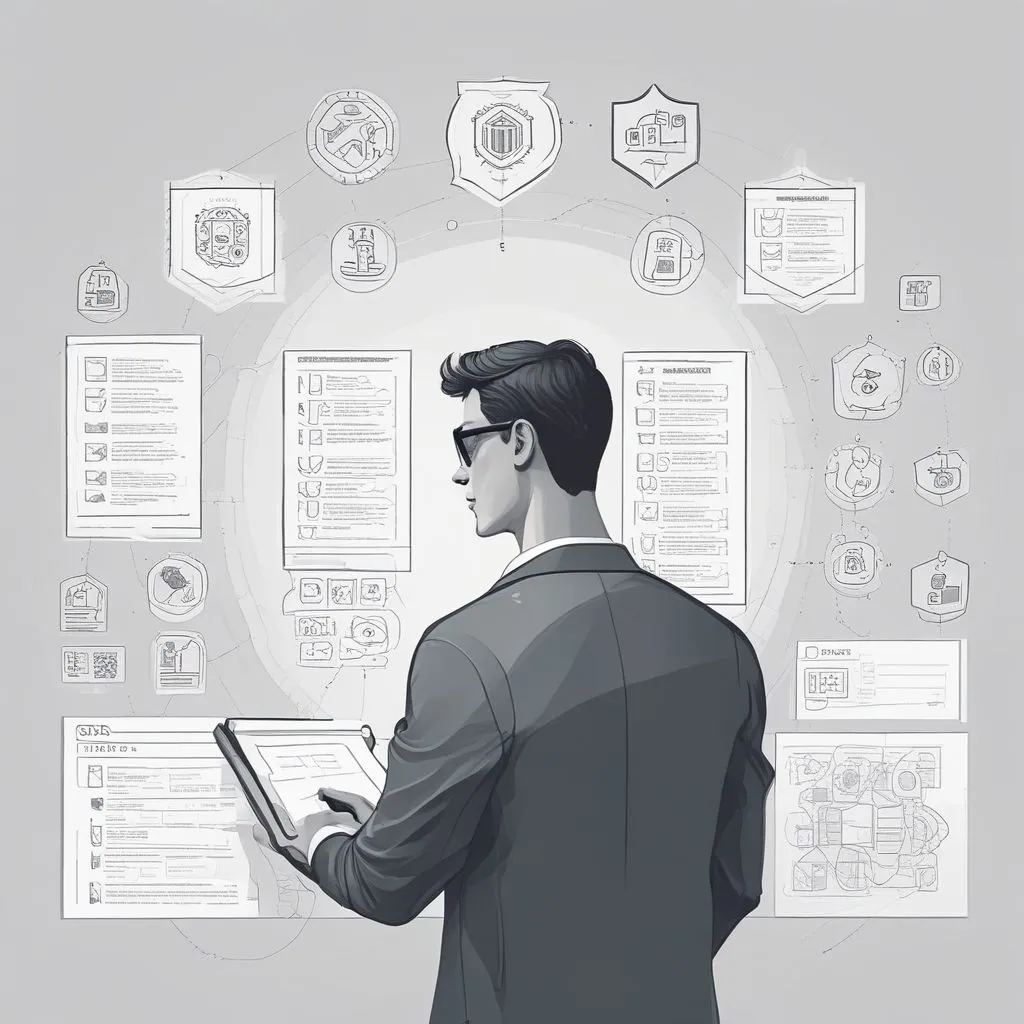 Realistic minimal illustration: student using a checklist to compare AI vs cybersecurity skills, icons for data, shield, code, and roadmap, clean white background