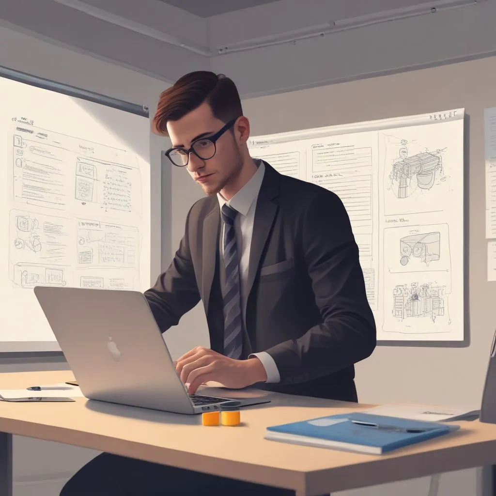 Realistic minimal scene: student presenting an AI project portfolio on laptop with GitHub page open, sticky notes showing skills (SQL, Python, RAG), clean desk and notebook