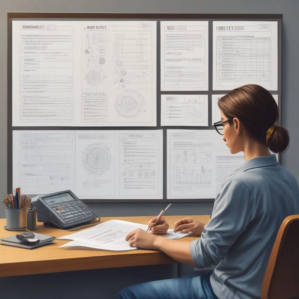 Realistic modern classroom scene: student reviewing a skill-credit roadmap chart with icons for data, design, healthcare, finance, and entrepreneurship; clean minimal style
