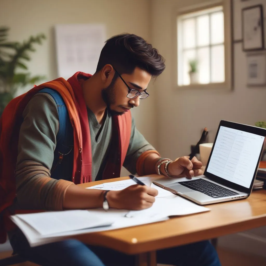 Realistic photo: Indian college student building a portfolio on laptop with resume notes, project screenshots, and a checklist on desk, bright minimal background