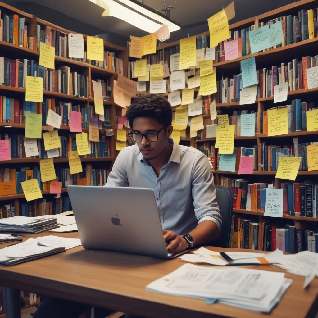 Realistic photo: Indian student in UK library preparing a CV and LinkedIn on laptop, with sticky notes showing PSW job plan, interview prep, and portfolio tasks