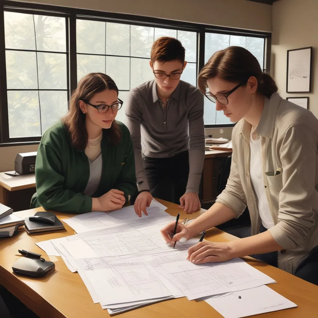 Realistic photo: student and parent reviewing stream options on a table with notebooks and a career roadmap chart, warm indoor lighting, minimal modern style