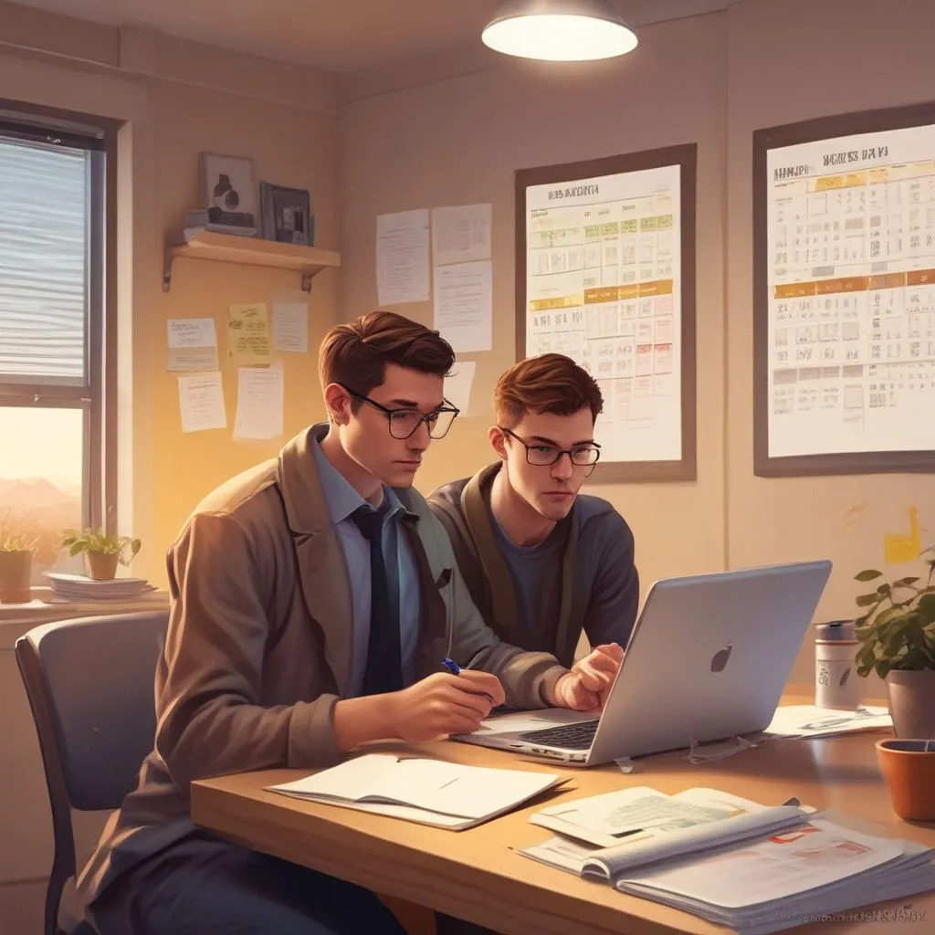Realistic scene: counsellor and student reviewing scholarship deadline calendar on a laptop with sticky notes and checklist, clean modern desk, warm lighting