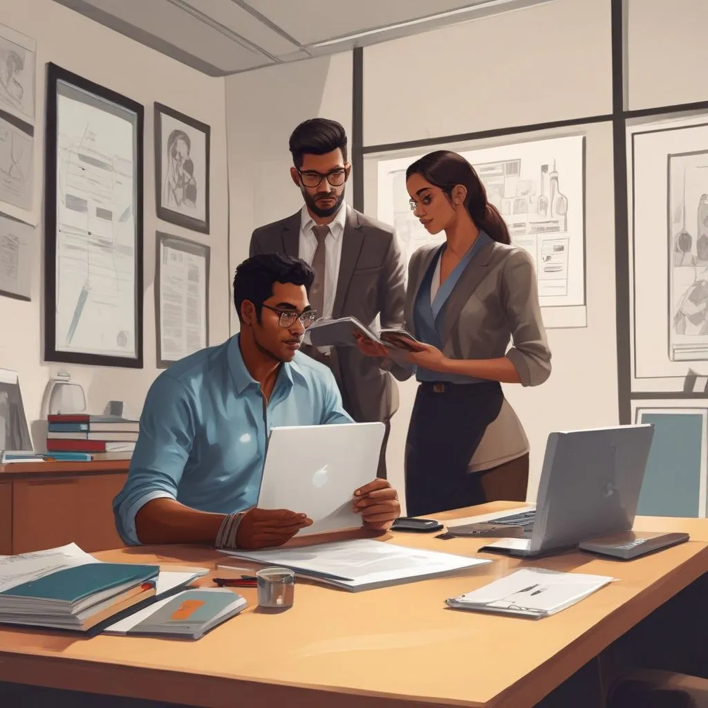 Realistic scene of an Indian student presenting a project portfolio on a laptop to a recruiter across a table, modern office, minimal style