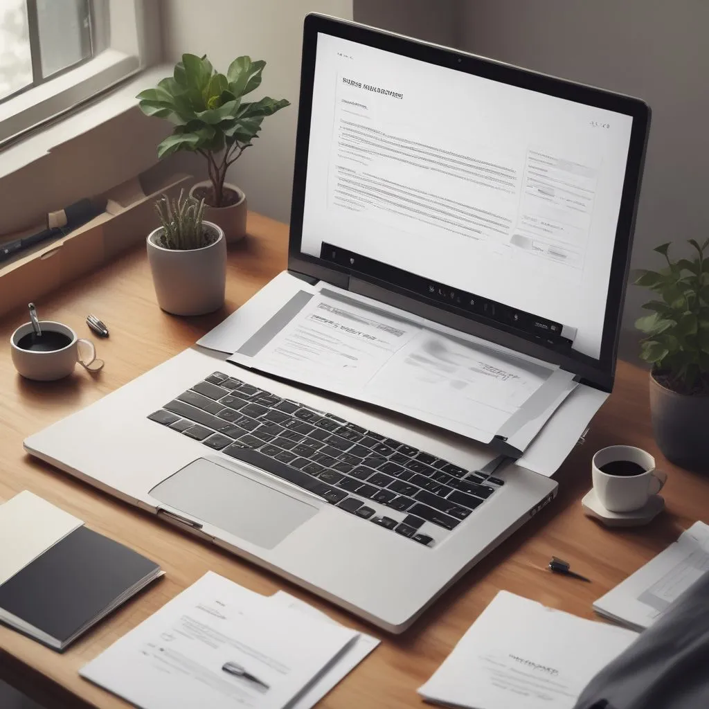 Realistic student portfolio scene: laptop showing project dashboard, resume, and certificates; desk with notebook and pen; clean modern minimal style
