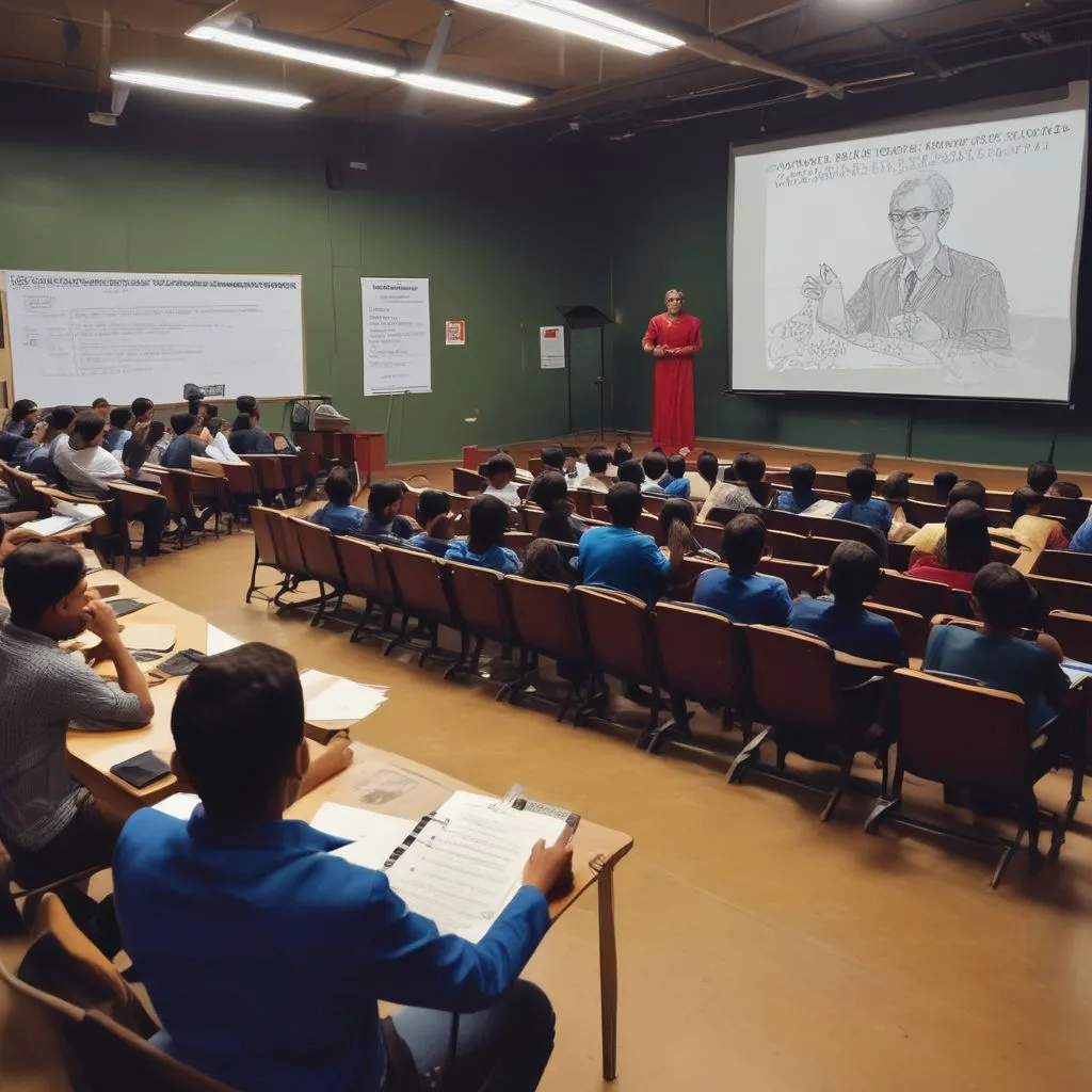 School auditorium career guidance seminar in India with counsellor presenting career pathways on screen, students taking notes, realistic photography