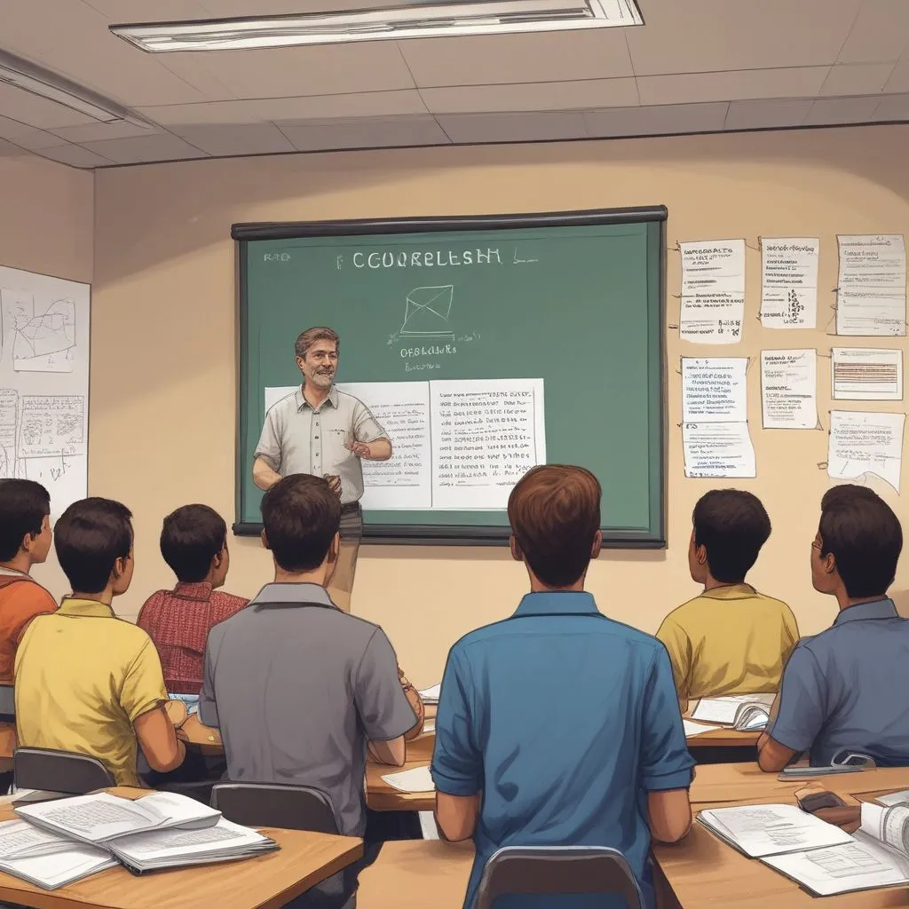 School seminar room: counsellor presenting a scholarship planning timeline on a screen to Indian students; notebooks, attentive audience, realistic professional setting