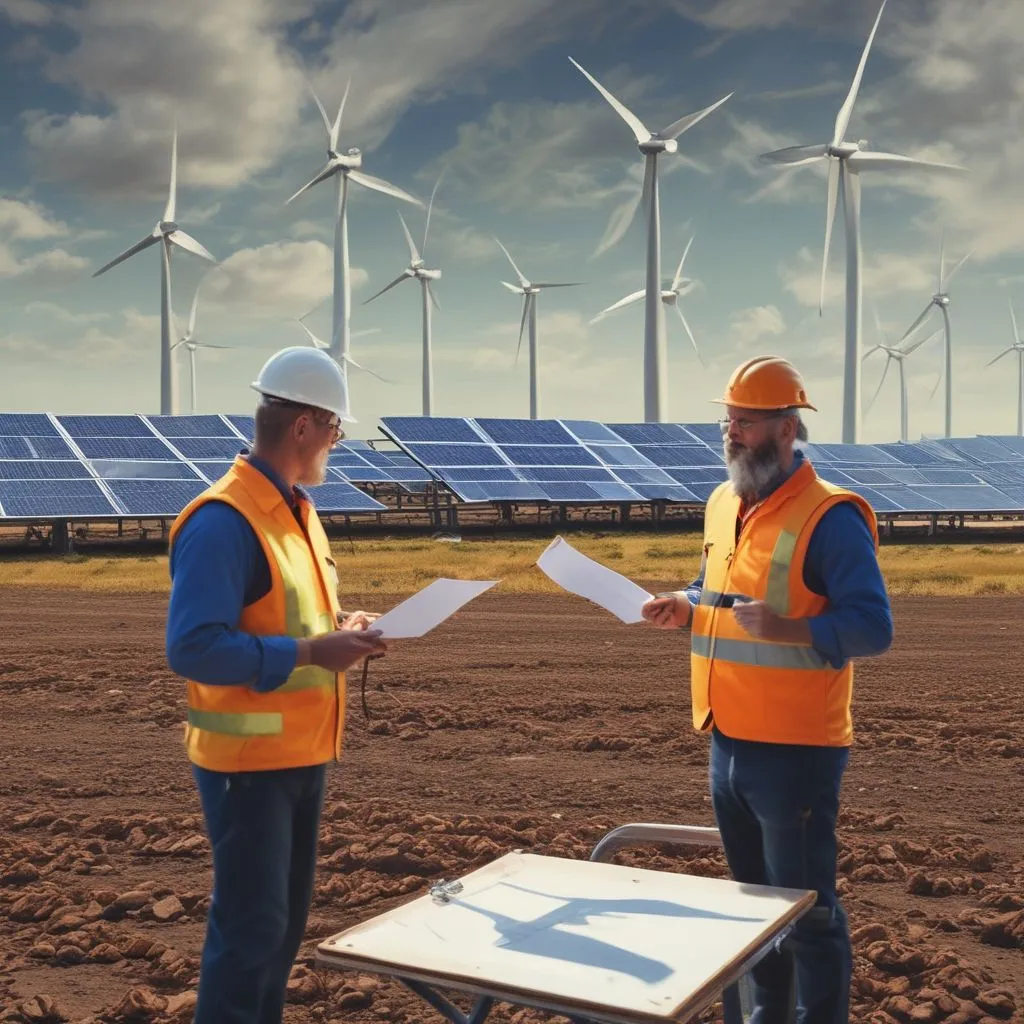 Solar farm with engineers and clipboard, wind turbines in background, clean energy concept, realistic photography
