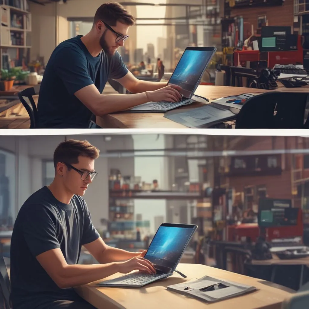 Split-screen image: left side student exploring career options on tablet, right side professional updating skills on laptop, modern minimal style, realistic