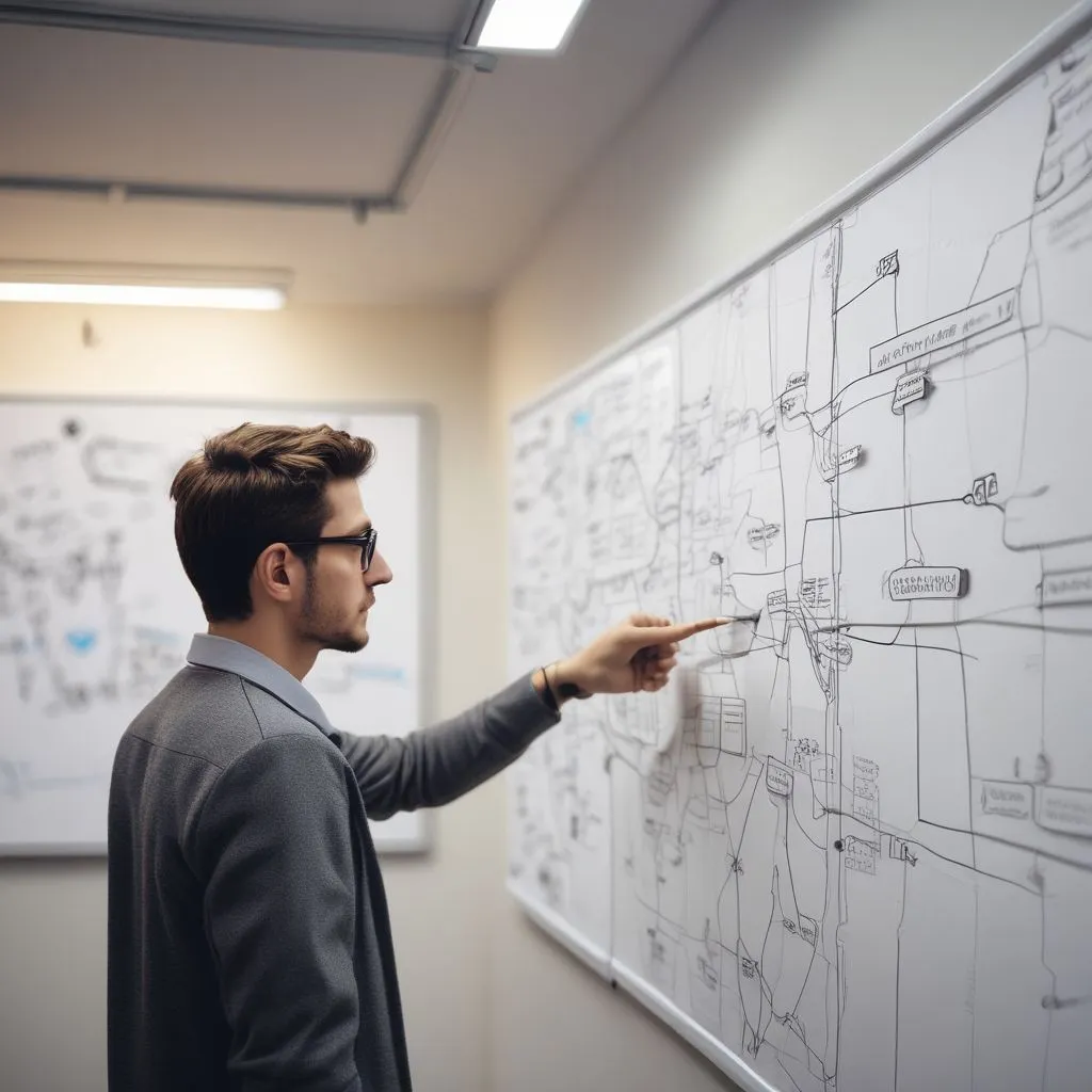 Student and counsellor looking at a career options mind map on a whiteboard, modern classroom or counselling room, realistic photo style