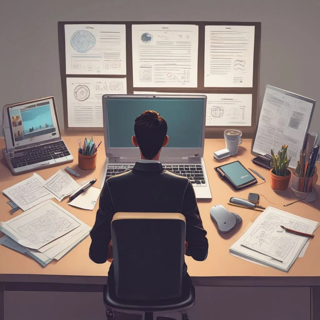 Student building a skill stack: laptop with AI tools, portfolio website, certificates on desk, modern clean workspace