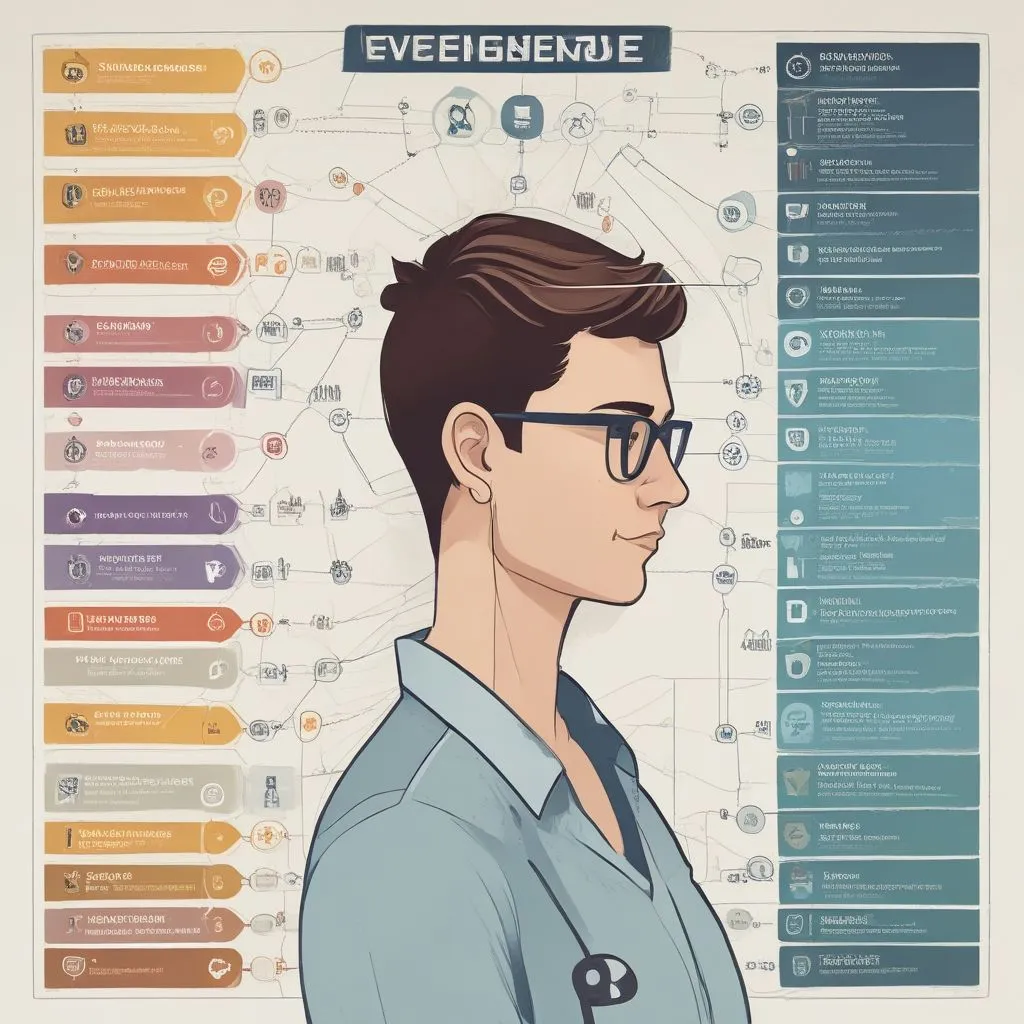 student comparing career options on a roadmap chart with icons for engineering, medicine, commerce, arts, and design, clean infographic style