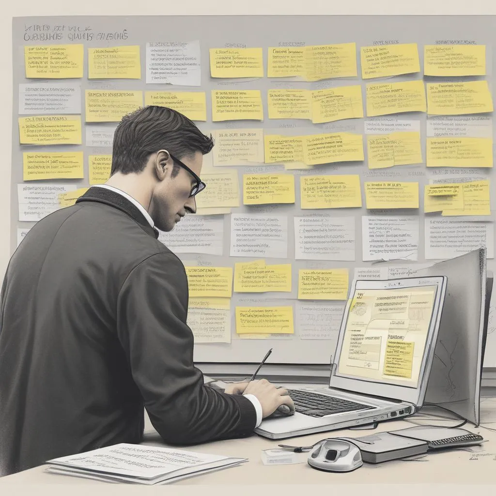 student comparing career options on laptop with a counsellor, sticky notes showing skills, exams, and timelines, realistic photo