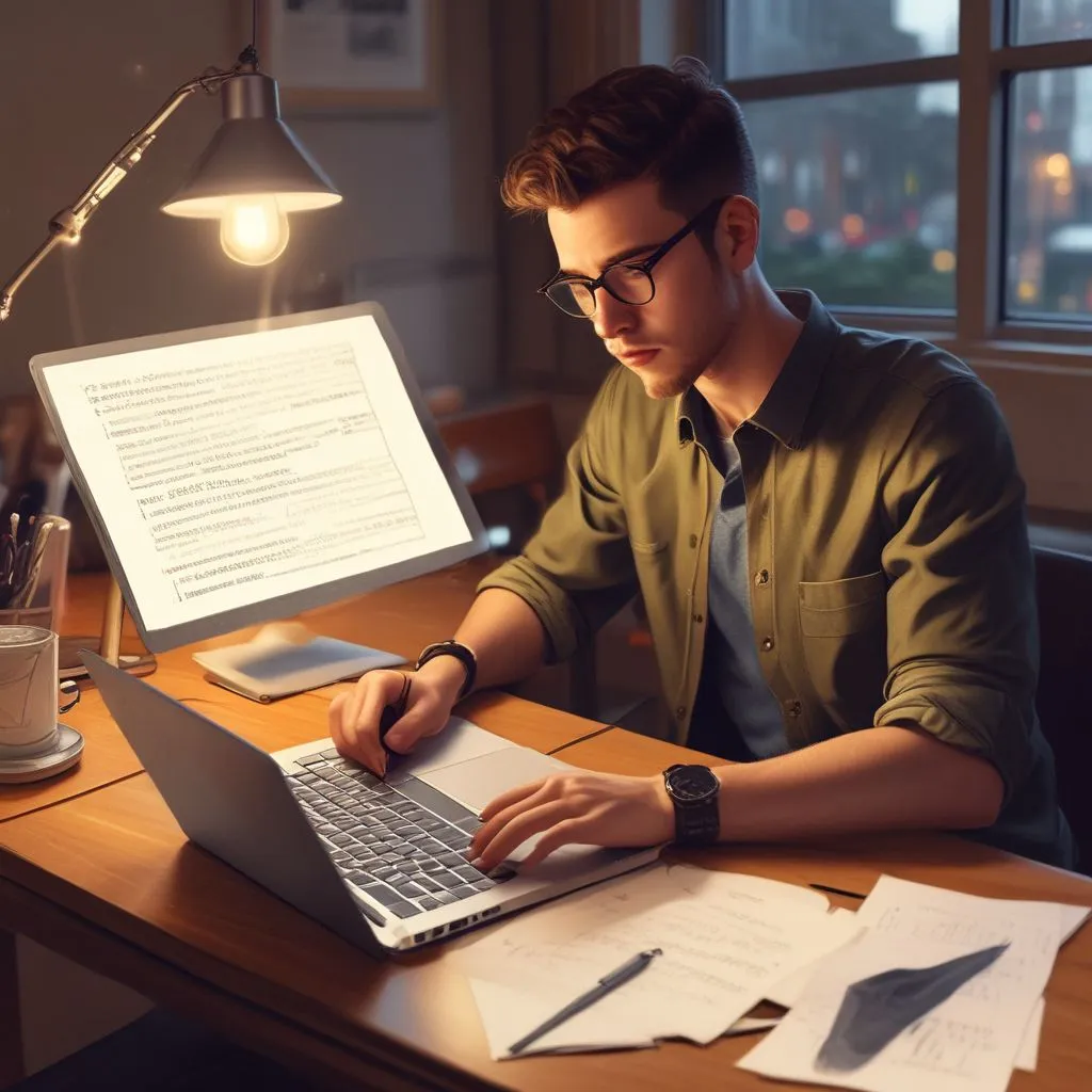 Student doing an informational interview on a laptop with notes and a career checklist, warm lighting, realistic photo style