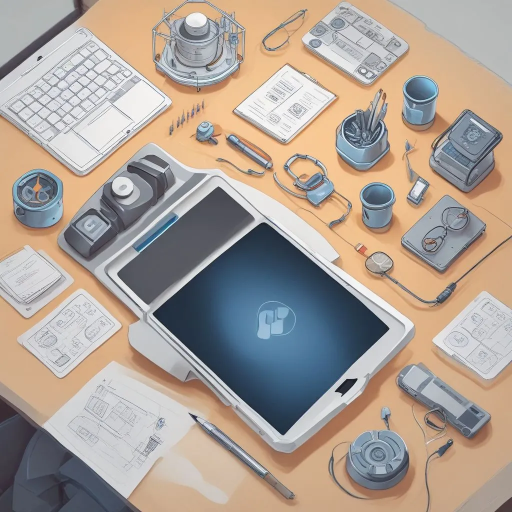 Student exploring career options on a tablet with icons for AI, cybersecurity, healthcare, design; minimal flat-lay desk setup, realistic lighting