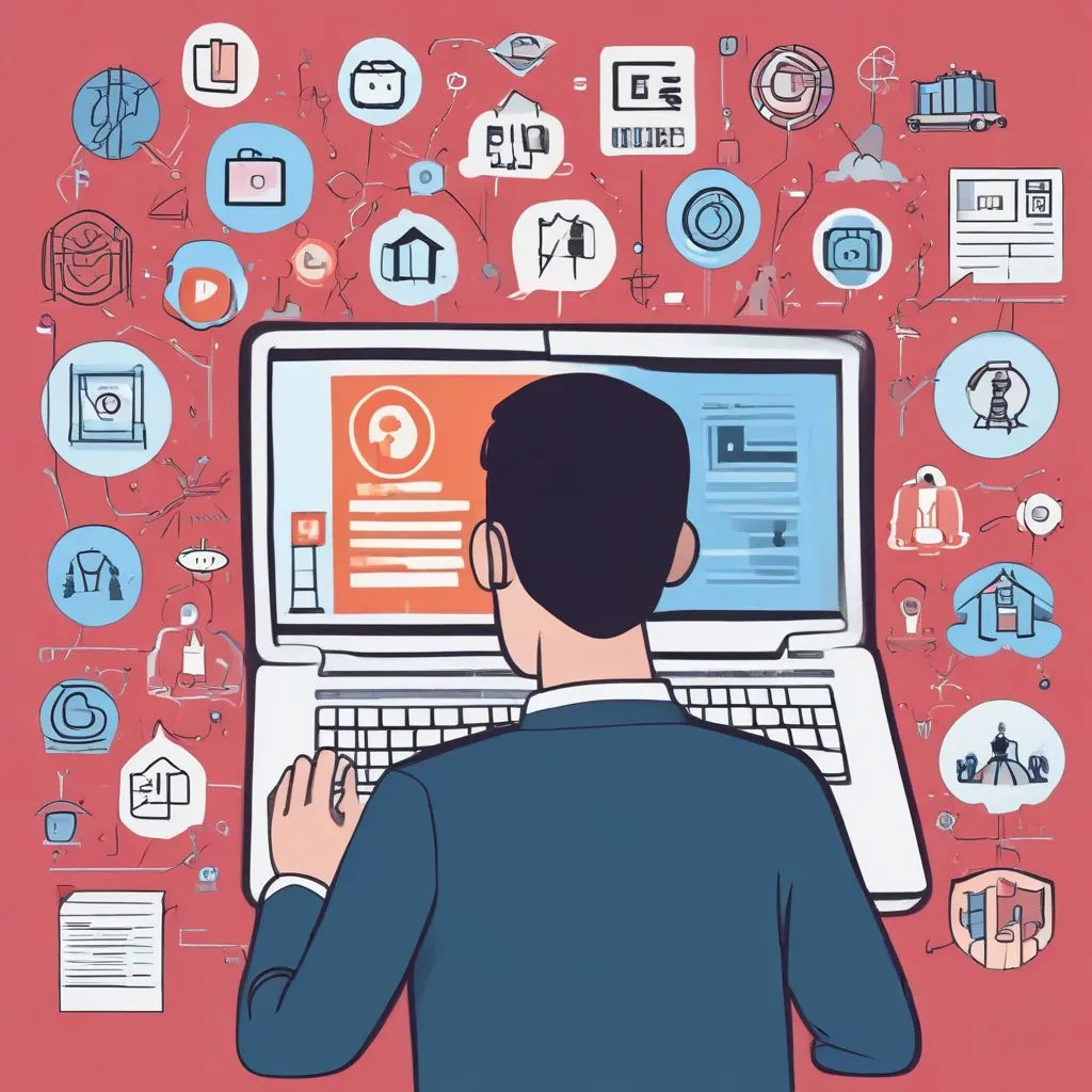 Student exploring career options on laptop with icons for AI, cybersecurity, design, healthcare, modern flat lay, realistic photo