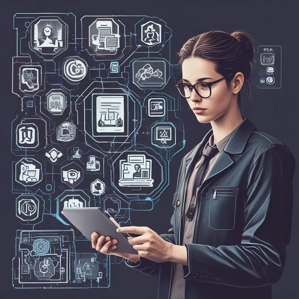 Student exploring career options on tablet with icons for AI, cybersecurity, healthcare, design, sustainability, realistic photo