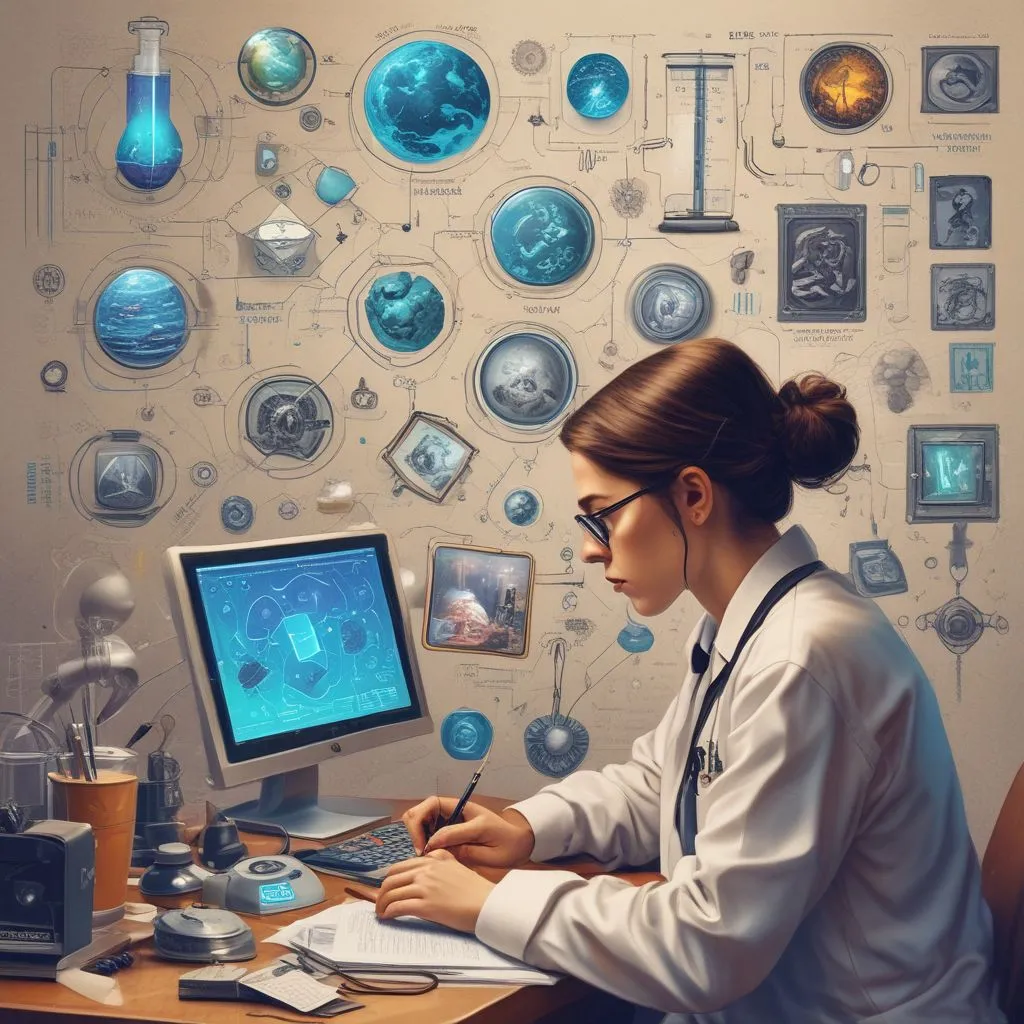 Student exploring science career options, icons of AI chip, stethoscope, lab flask, satellite, realistic photo