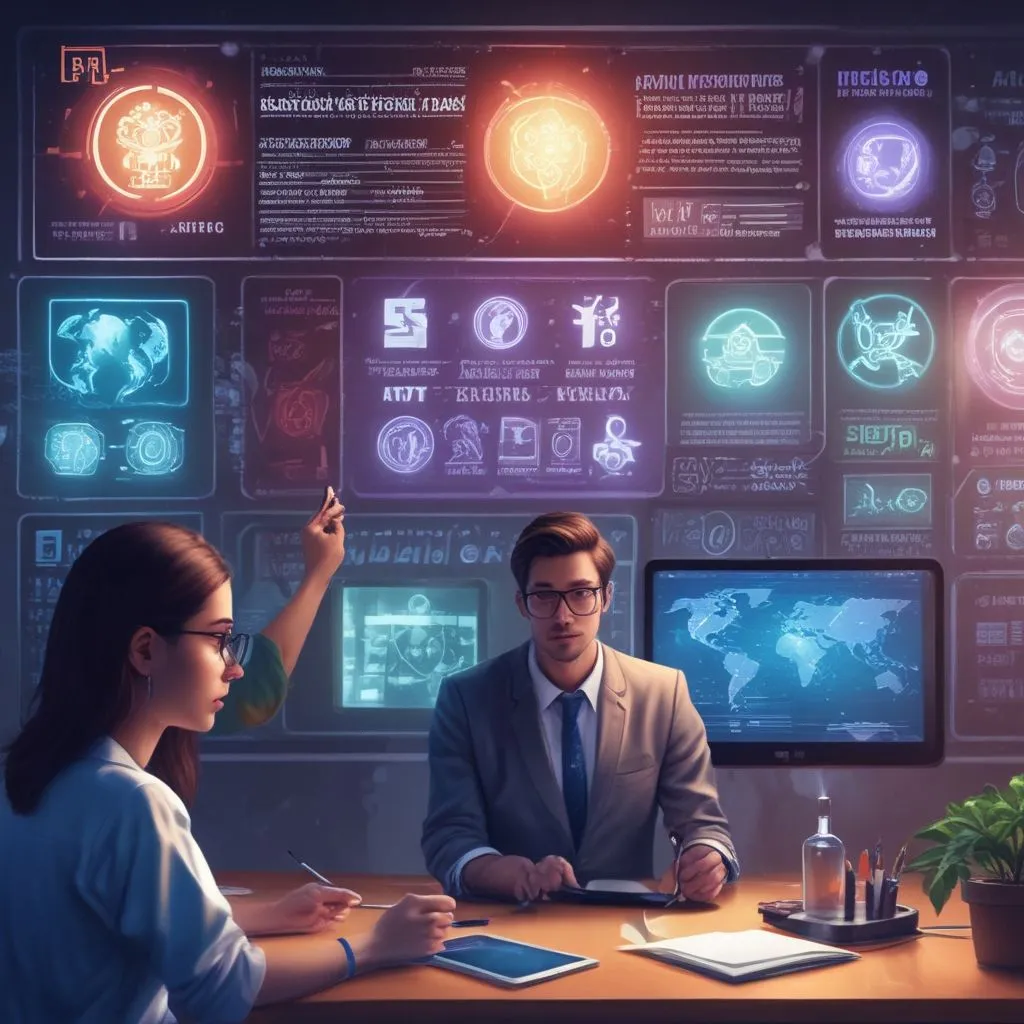 Student exploring science career options with icons of AI, cybersecurity, healthcare, biotech on a digital screen, modern Indian classroom vibe, realistic photo