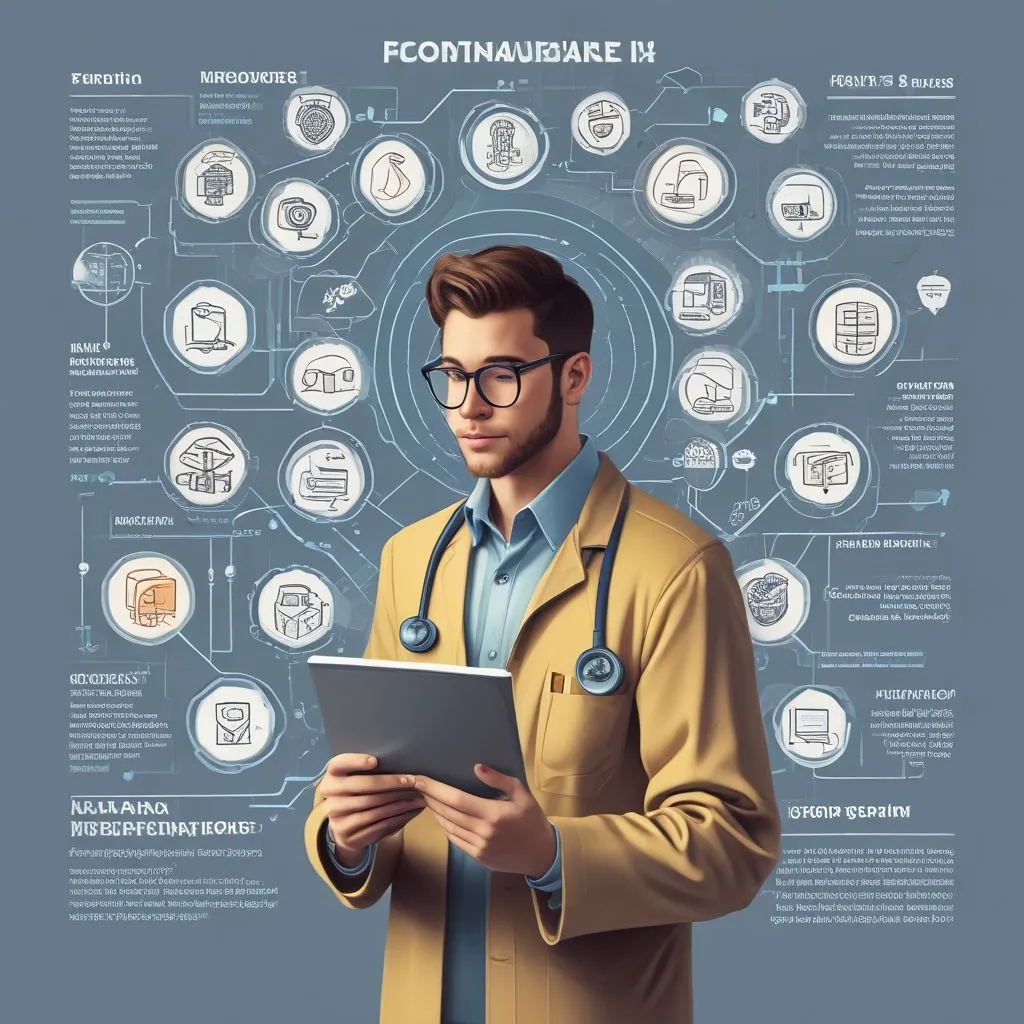 student exploring STEM career paths on a tablet with icons for AI, healthcare, robotics, and research, clean modern infographic style, realistic