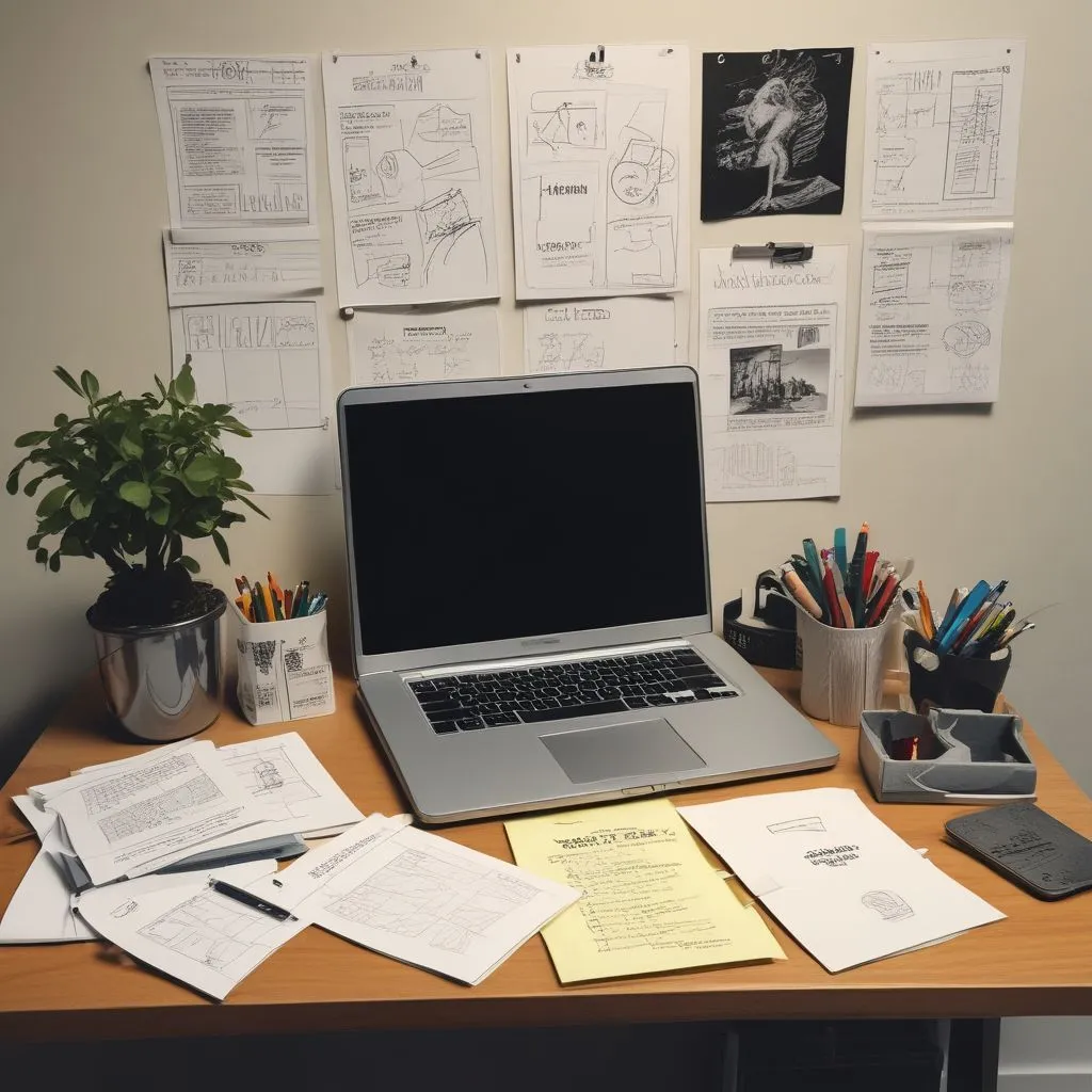 Student portfolio desk setup with laptop showing project portfolio, notebooks, career roadmap sticky notes, realistic photo