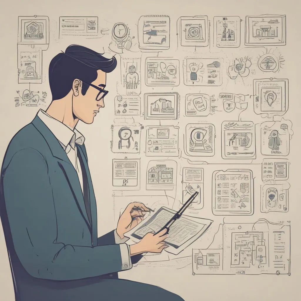 Student reviewing a career roadmap on a tablet with icons for skills, internships, certifications, and timeline, minimal modern illustration style