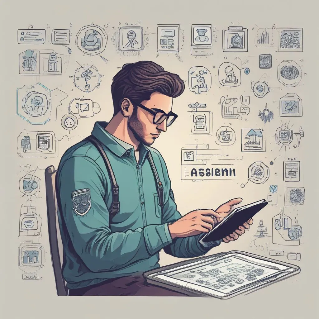 Student reviewing career options on a tablet with icons for AI, cybersecurity, healthcare, design, sustainability; modern flat-lay realistic photo