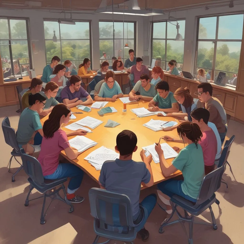 students collaborating in a hybrid learning environment