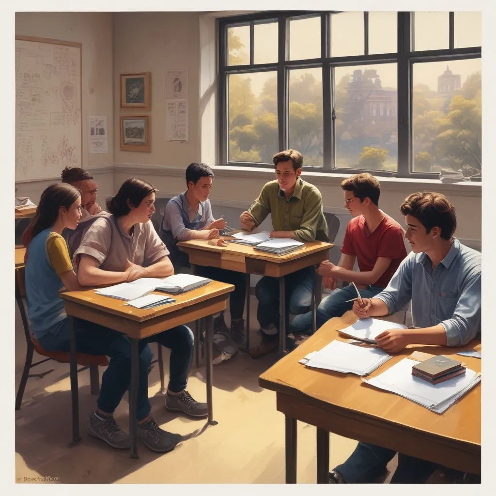 students exchanging stories in a classroom setting