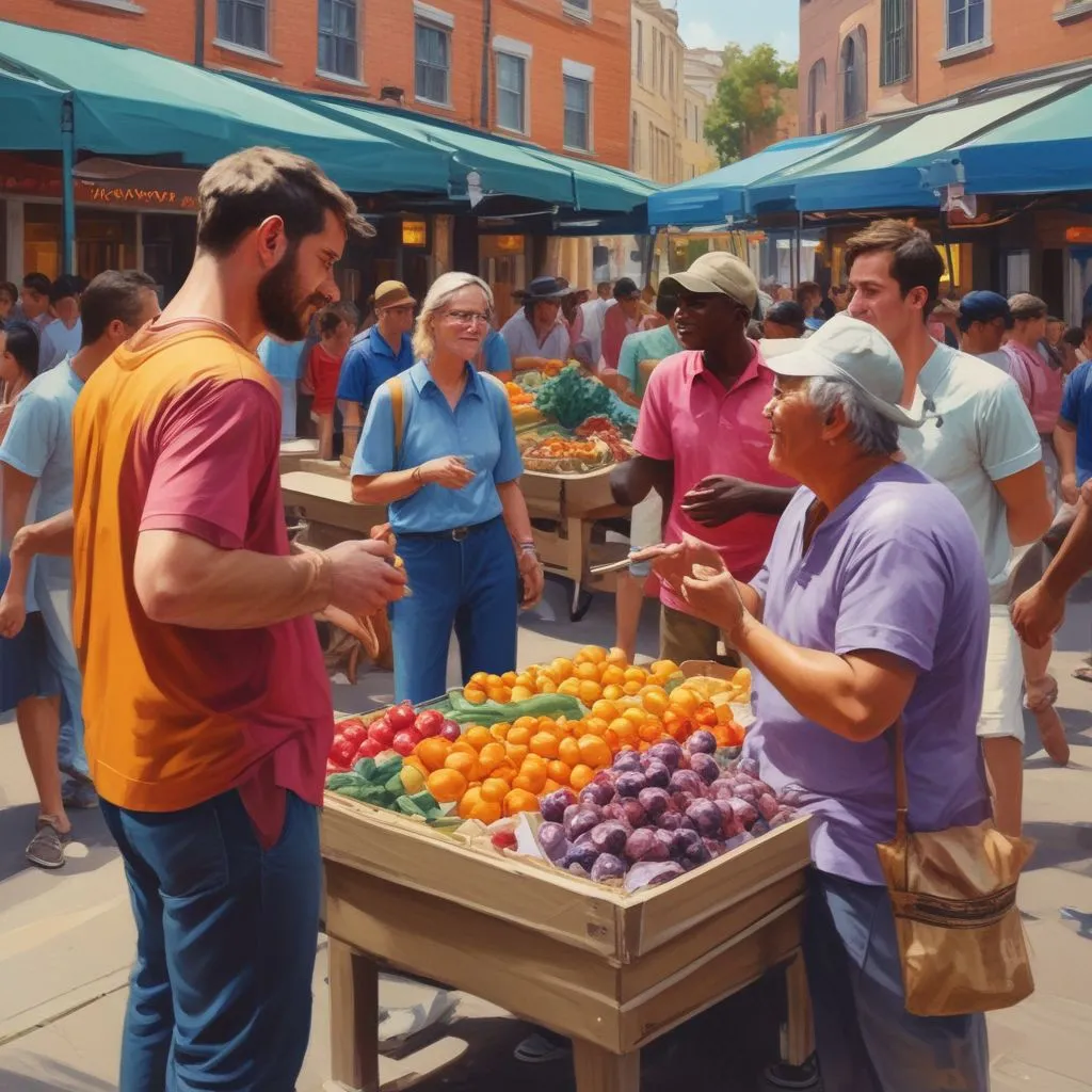 students interacting with locals in a vibrant market