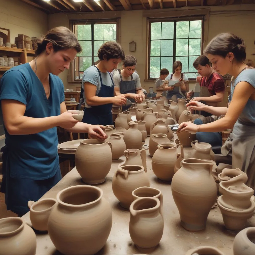 students participating in a pottery class