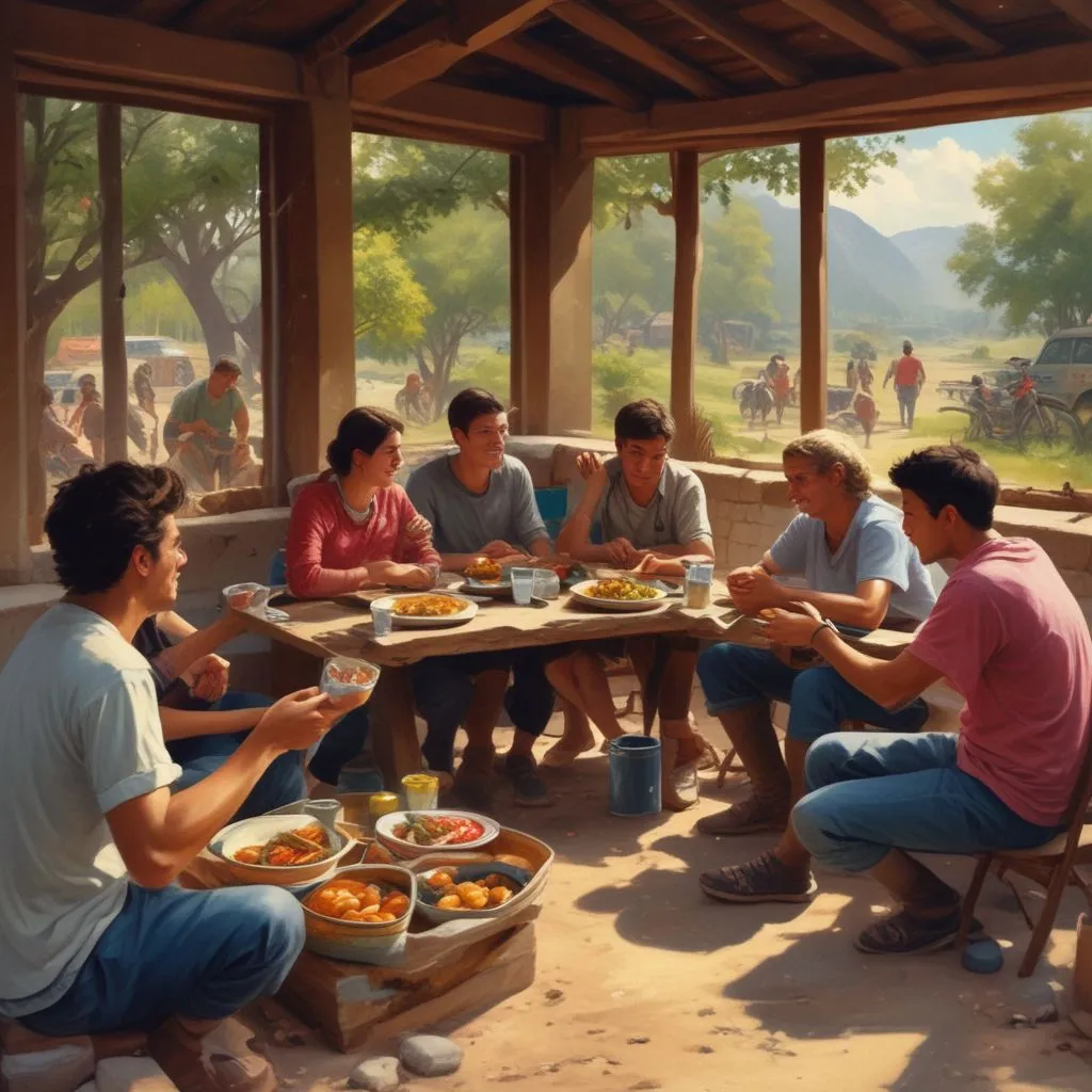 students sharing a meal with locals
