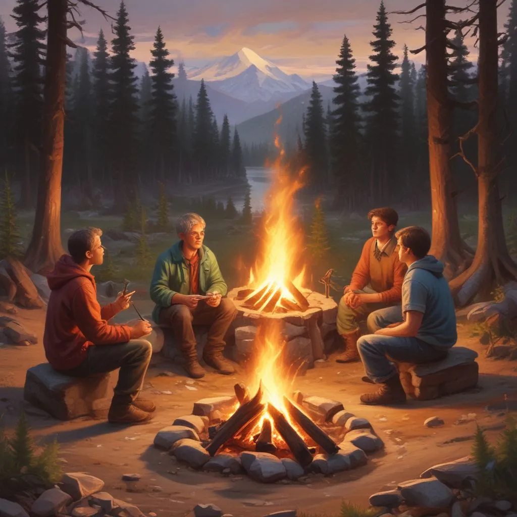 Students sharing stories around a campfire