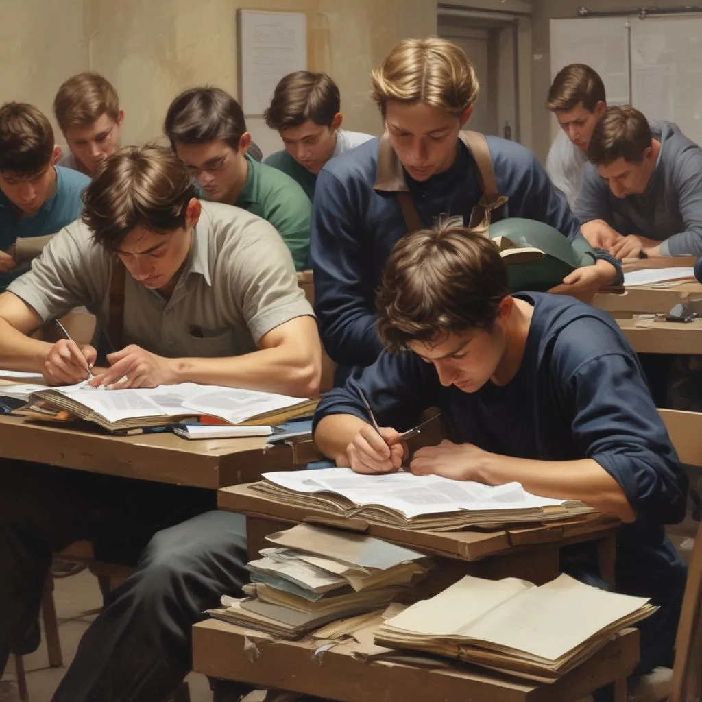 Students studying under pressure, showing emotional stress