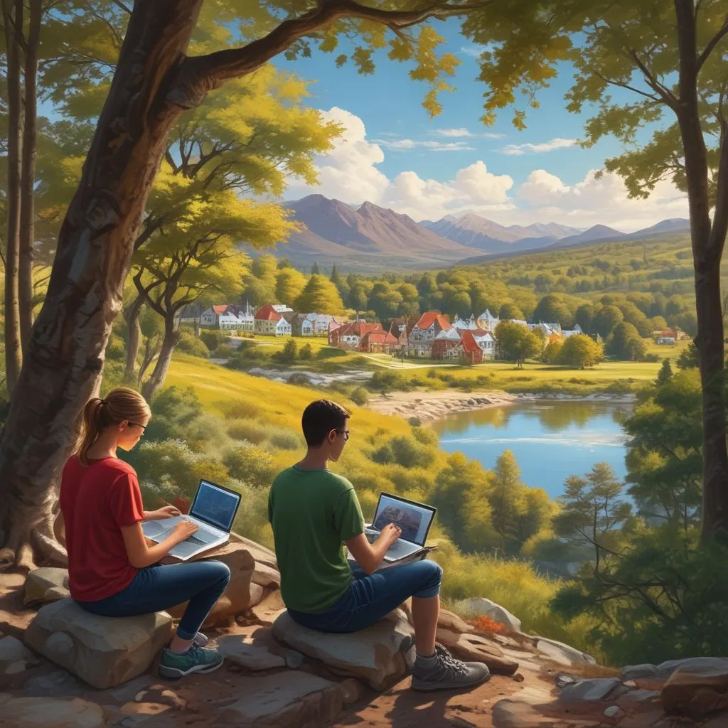 Students studying with laptops in a scenic location