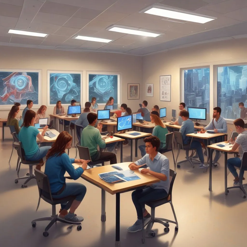 students using AI tools in a modern classroom