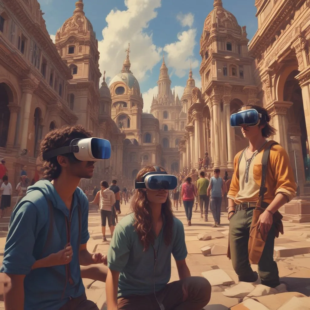 Students using VR headsets to explore cultural landmarks