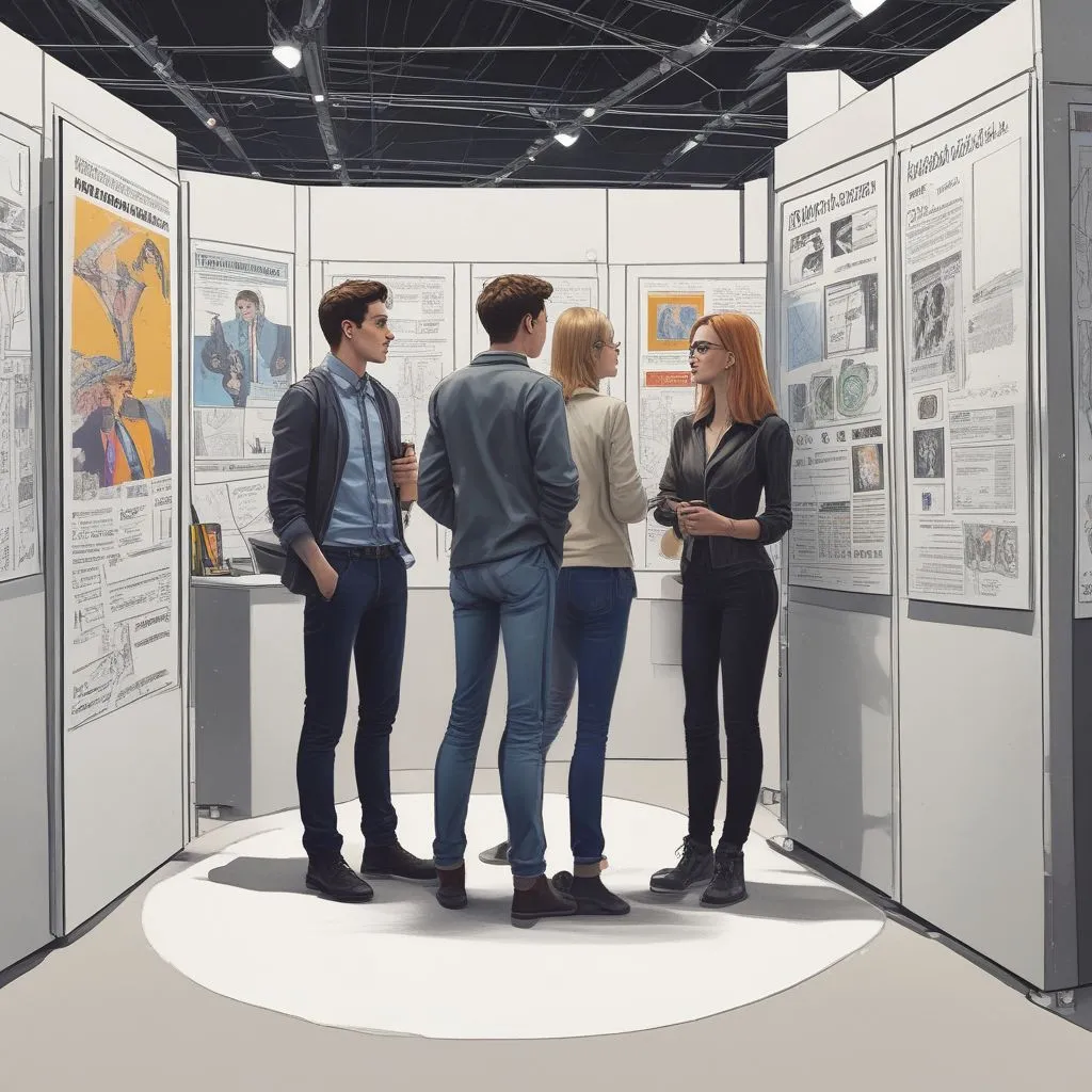 Teenagers in a school career fair booth area with posters for AI, cybersecurity, psychology, design, commerce, realistic photojournalistic style