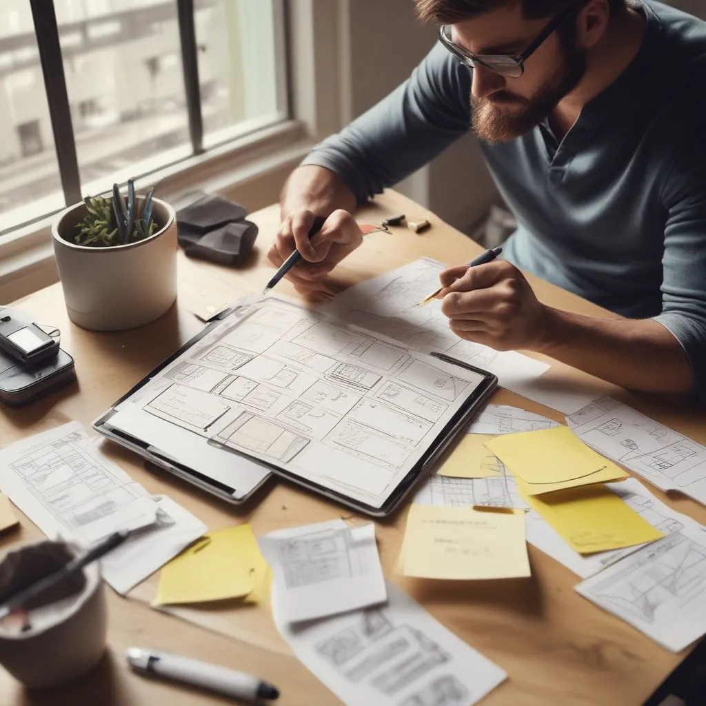 UX designer in India sketching wireframes on tablet with sticky notes, bright workspace, realistic