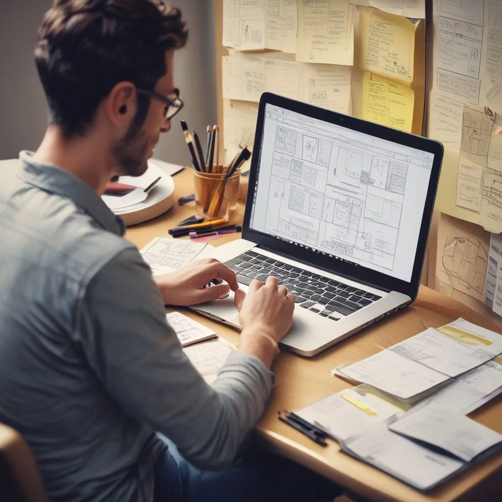 UX designer sketching app wireframes with sticky notes, laptop showing prototype, realistic photo