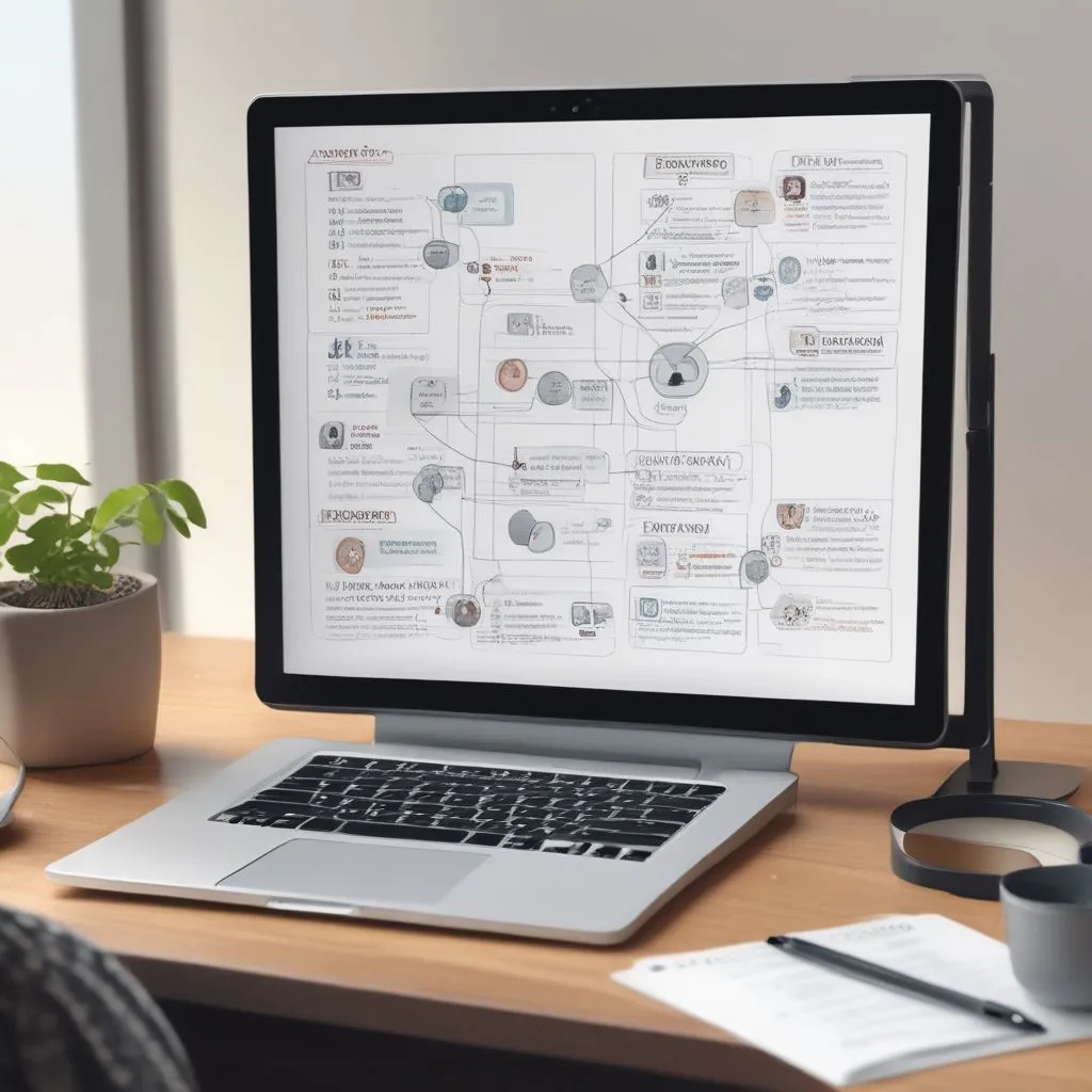 Working professional in a virtual career counselling video call, laptop screen showing career roadmap and skill timeline, modern home office, realistic style