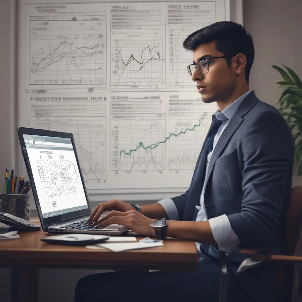 Young Indian commerce student working on laptop with charts and calculator, finance and analytics vibe, realistic photography
