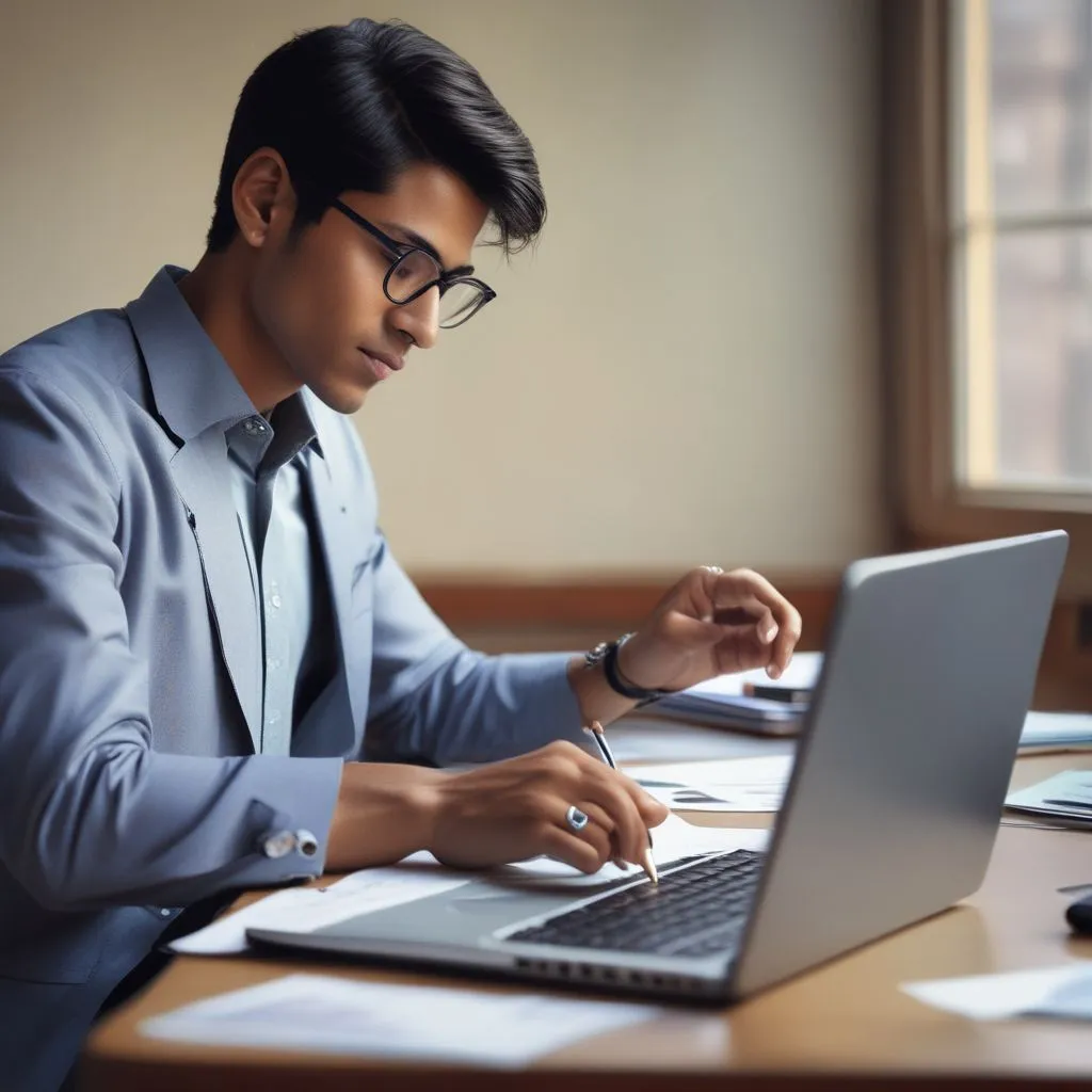 Young Indian student analyzing charts on laptop, finance and business career planning, realistic photography